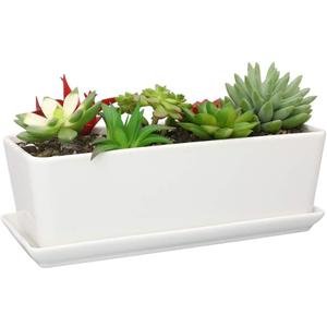 SQOWL 10 Inch Rectangular White Ceramic Succulent Planter Pot Modern Flower Cactus Herb Big Planter with Removable Saucer Indoor or Outdoor