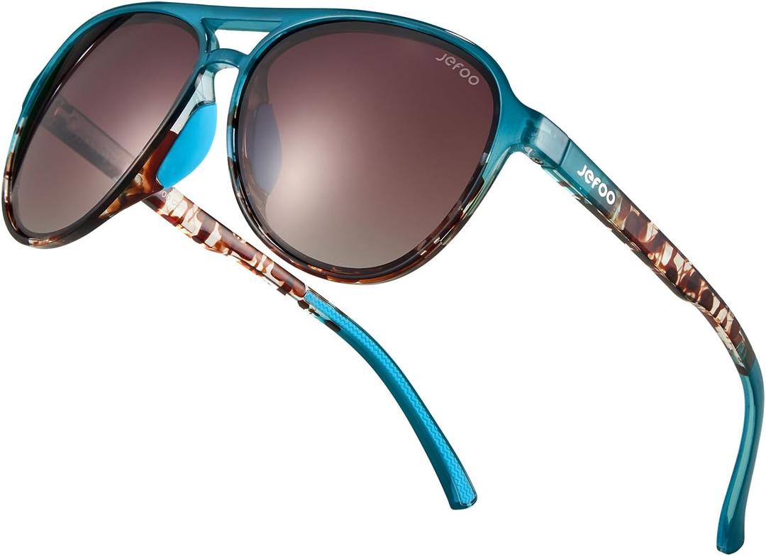 Jefoo Polarized Aviator Sunglasses for Women Men Retro Trendy Sports Sunglasses for Outdoor UV400 Protection (Blue Tortoise Frame / Brown Gradient Lens)