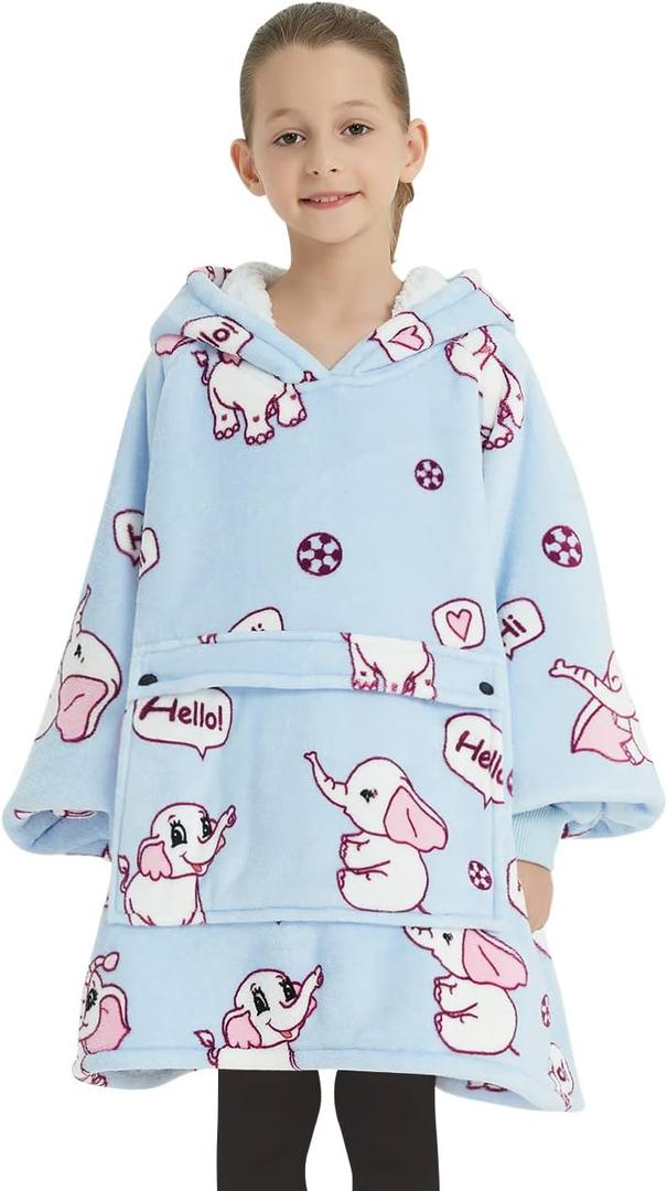 KFUBUO Wearable Blanket Hoodie for Kids Sherpa Patterns Oversized Sweatshirt Blanket With Pocket 6-10 Year Old Girl Boy Birthday Gifts Elephant