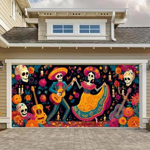 13x6ft Halloween Garage Door Banner, Day of the Dead Sugar Skull Backdrop Outdoor Indoor Halloween Garage Door Cover, Large Dia de los Muertos Wall Decoration for Yard Porch Party Display