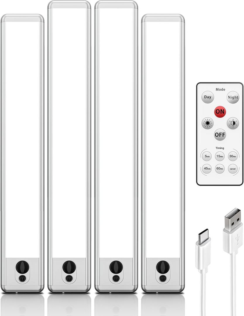 EZVALO Under Cabinet Lights, 14.5'' Motion Sensor Light Indoor Dimmable, 4000mAh Rechargeable Closet Lights 5700K with Remote Control, Wireless Under Counter Light for Kitchen,Cabinet,Bedroom4Pcs (Cool White)