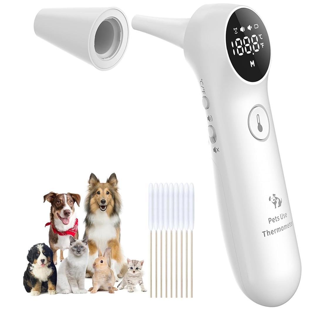Pet Ear Thermometer for Dogs, Cats, and Livestock, Long Probe Designed, /  Convert and Sound Switch Dedicated Button, 1 Second Measurement, 20 pcs Pet Swabs Included