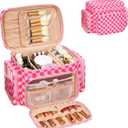 Bagmoly Large Checkered Makeup Bag, Travel Makeup Bag Organizer for Women Girls with Makeup Brush Compartment & Two Side Pockets, Cosmetic Travel Bag Vertical Storage Toiletry Bag- Hotpink