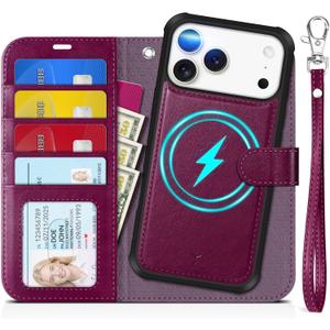 TUCCH Detachable Case Wallet for iPhone 17 Pro Max (6.9") 2025, Wrist Strap | 4 Card Slots RFID Blocking | Wireless Charging | Stand | 2-in-1 Magnetic | PU Leather | Shockproof Cover | Plum Purple