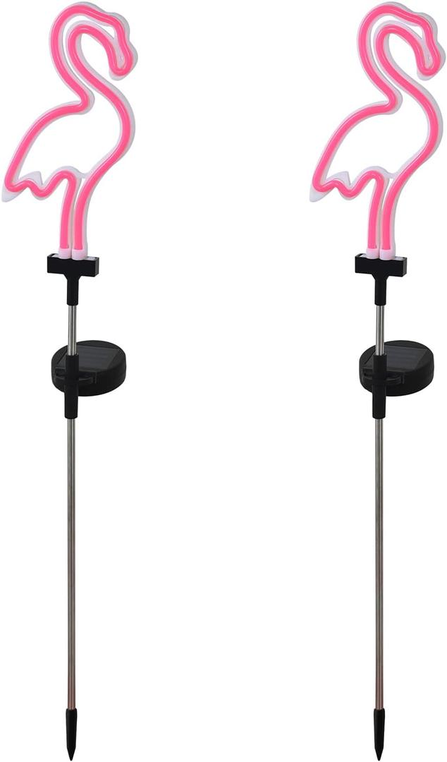 SVEIKS Solar Pink Flamingo Yard Ornaments w/Stakes, Solar Landscape Lights Outdoor Waterproof Neon Strip for Garden Pathway Patio Lawn Flowerbed Beach Party Wedding, 30" Tall (2 Pack)