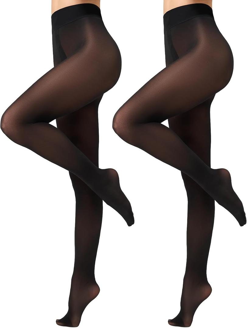 2 Pairs Run Resistant Tights for Women Semi Opaque Rip-Resist Pantyhose with High Waist (Large, Black)