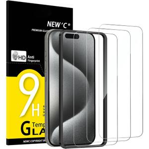 NEW'C 3 Pack Designed for iPhone 15 Pro Screen Protector (6.1 inches), Enhanced Tempered Glass Protection with easy installation tool included,Case Friendly Ultra Resistant