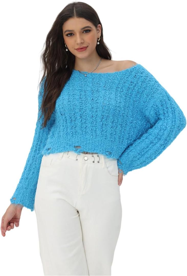 2025 Fall Cropped Sweater for Women Off The Shoulder Pullover Fluffy Knit Fashion Crop Top Holes Design (Blue)