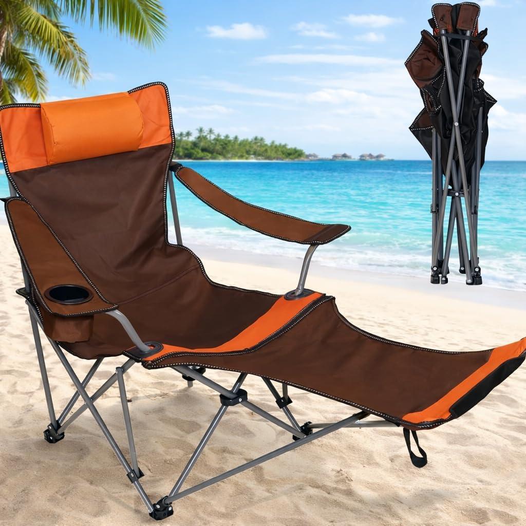 Camping Lounge Chair with Headrest Footrest and Storage Bag, Portable Folding Reclining Camping Chair with Foot Rest for Adults Outdoor Camping Beach Hiking Fishing (Orange Brown), Large