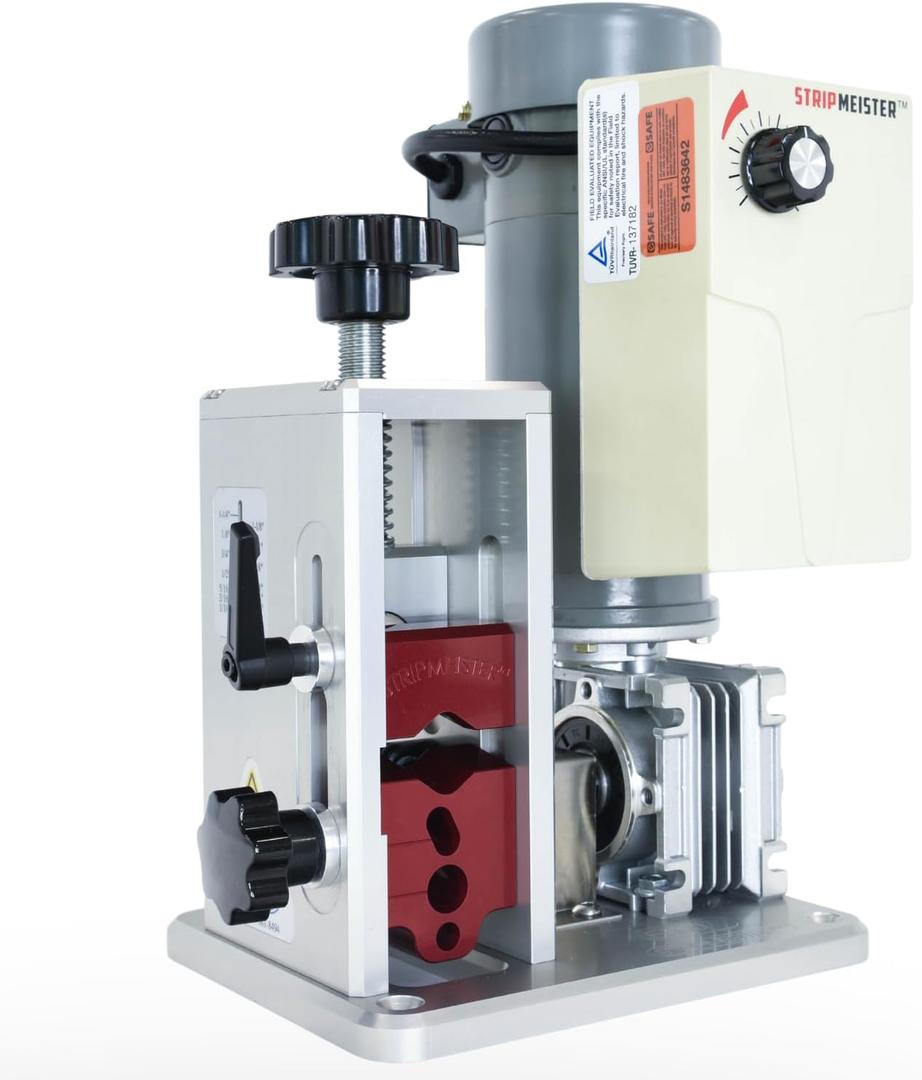 StripMeister E500 Pro Electric Automatic Wire Stripping Machine, Copper Wire Stripper Up To 1.25 inch Diameter, Ultra Grip Feeders, High Torque Variable Speed DC Motor, Fine 0.004 in Adjustment