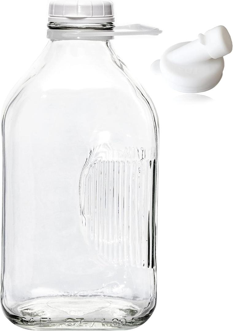 The Dairy Shoppe Heavy Glass Milk Bottle - Jug with Lid and Silicone Pour Spout - Clear Milk Container for Fridge - Reusable Glass Milk Jug Dispenser - Made in USA (64 oz, 1 Pack)