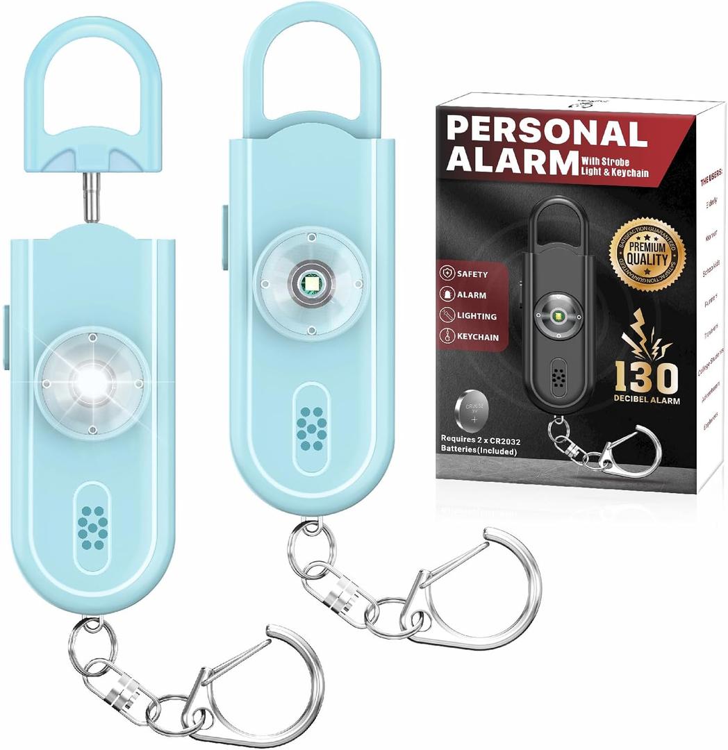 Personal Safety Alarm Keychain for Women 2PCS -130 dB Loud Siren with SOS Strobe Light, Flashlight, Double Speakers, Safe Defense Key Chain for Girls Kids Elders Emergency Call (Aqua)