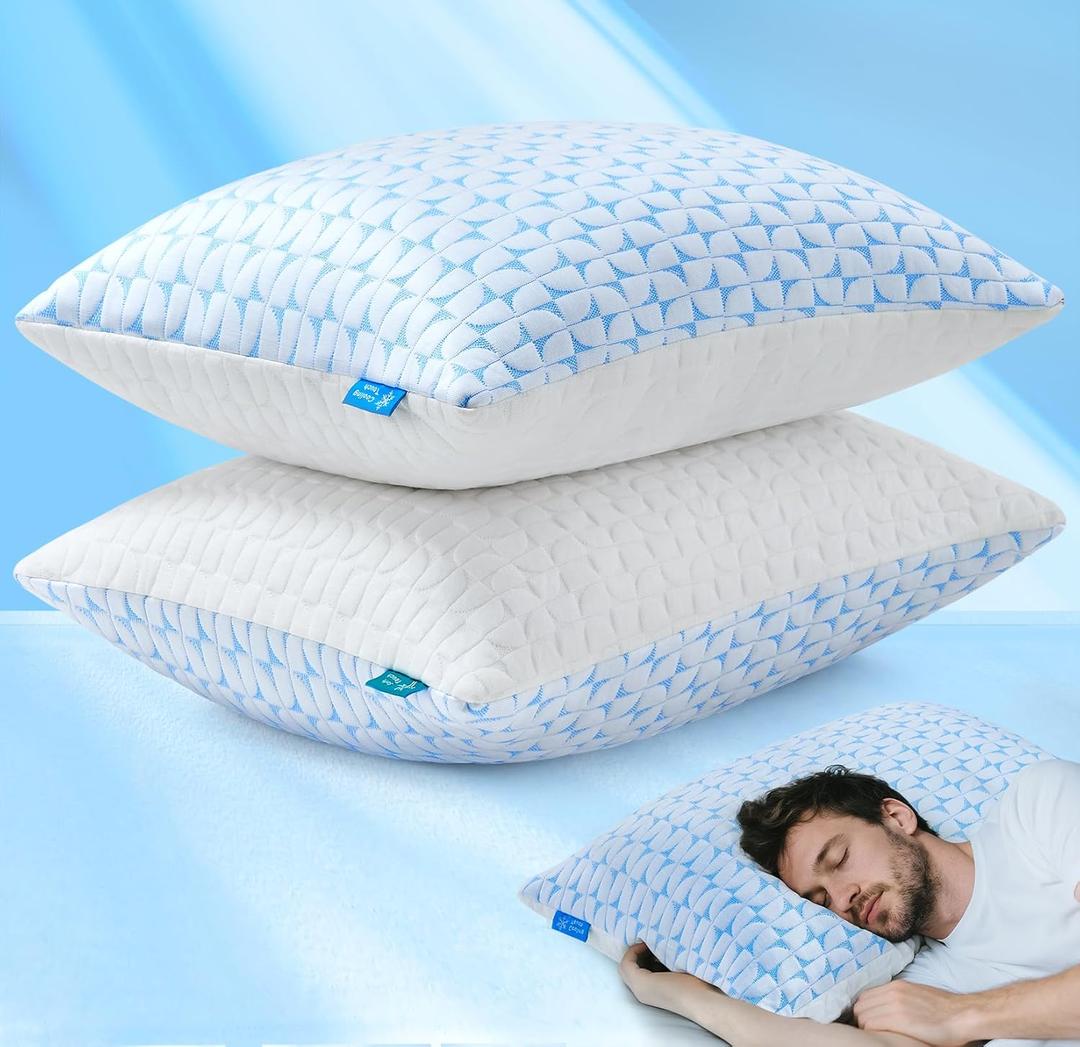 Firm Pillow Shredded Memory Foam(Adjustable Loft), Cooling Supportive Side Sleeper Pillows for Sleeping Standard Size Set of 2, Washable Removable Cover, Gifts for Dad Mon, CertiPUR-US Certified