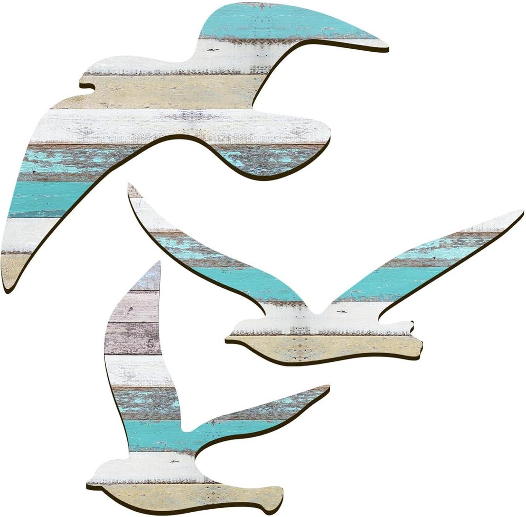 HINGTAI 3Pcs Wood Seagull Beach Wall Art, Nautical Self-adhesive Seagull Decorations, Coastal Themed Decors for Home Bedroom Living Room
