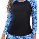 YATEEN Women's Long Sleeve Sun Protection Rash Guard Wetsuit Two Piece Swimsuit Set (Medium, #4 Black / Blue)