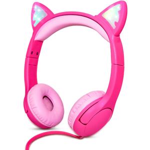 Olyre Kids Headphones with Sharing Port, Safe 85db Volume Control Light Up Cat Ear Headphones for Tablets/E-Readers, Wired Children Headphones with Microphone for School Learning Travel - Rose