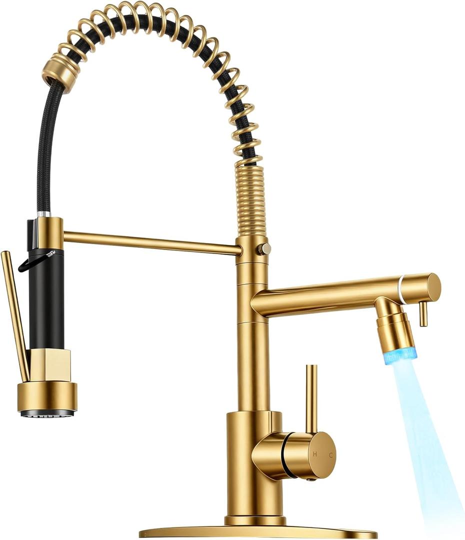 LED Kitchen Faucet with Pull Down Sprayer - Brushed Gold Single Handle Commercial Kitchen Faucets, 2-Spout Kitchen Sink Faucet, Stainless Steel Spring Pull Out Sink Faucet 1/3 Hole