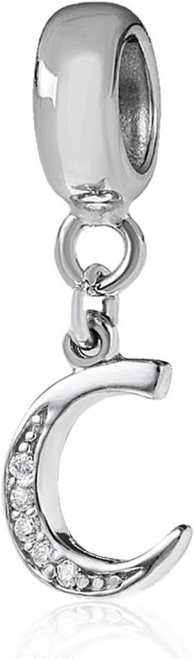 Sambaah Alphabet Charm Letter Beads Solid 925 Sterling Silver with Cubic Stones, Complete A~Z Gift Options fit Pandora European Bracelets(C)