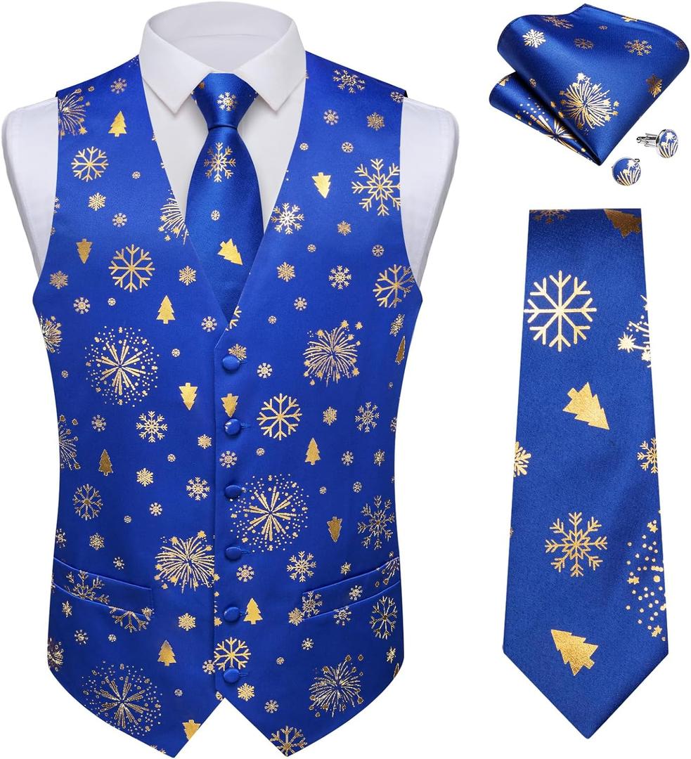 DiBanGu Mens Christmas Suit Vest and Tie Set for Men Waistcoats and Necktie Pocket Square Set for Prom Party S-3XL (Blue Gold)
