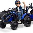 3 in 1 Ride on Tractor, 24V Ride on Toy for Big Kids, Excavator Bulldozer - Battery-Powered Electric Vehicle w/Trailer, Digger, Remote Control, LED Lights, Music, USB, Battery Powered, Blue