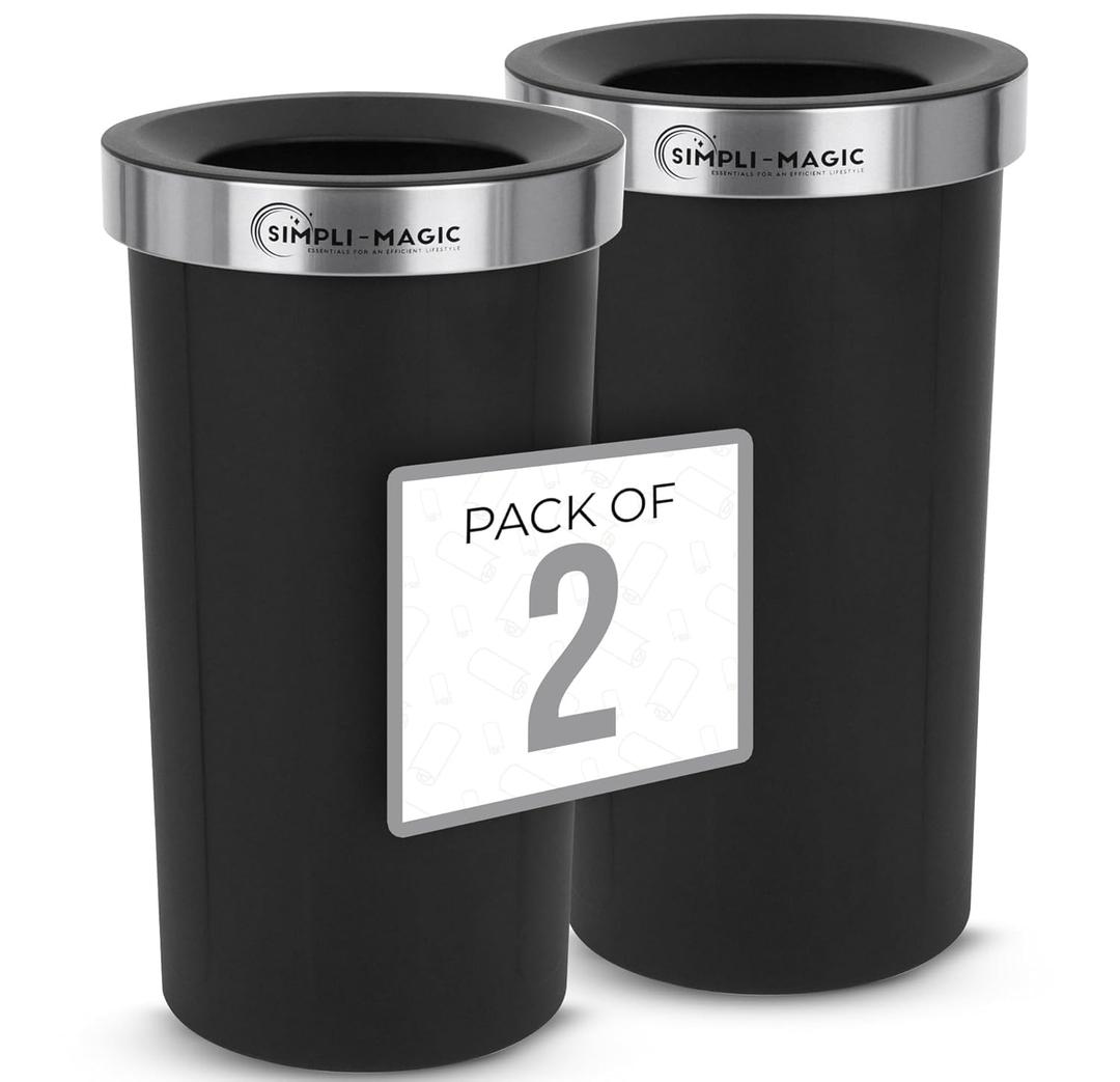 Simpli-Magic 16 Gallon (60L) Open Top Trash Can  Round Commercial Trash Can  Smudge-Resistant, Easy to Clean, Non-Skid Base, Stainless Steel (2 Pack) (Extra Large, Black)