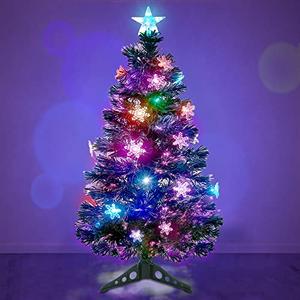 Prsildan 1 FT Artificial Christmas Tree, Pre-Lit Optical Fiber Xmas Trees with Multicolor LED Lights, Snowflakes & Top Star, Lighted Christmas Tree Holiday Home Decor