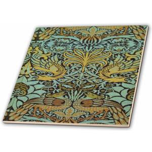 3D Rose Image of William Morris Peacock and Dragon in Gold and Aqua Ceramic Tile, Multicolor