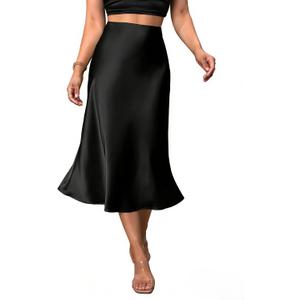 Women's Satin Midi Skirt Elegant Fishtail Silk A Line Casual Skirts for Party Wedding (Black, Medium)