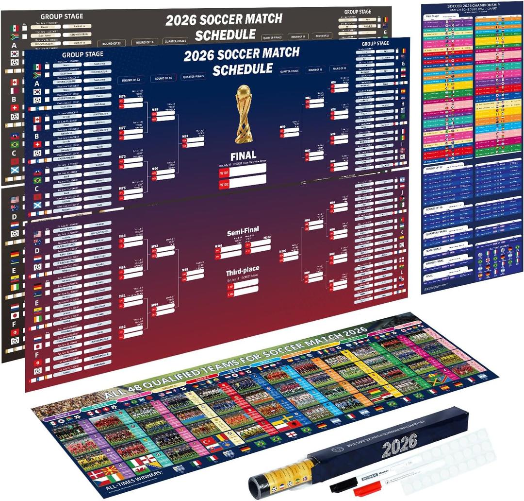 Joyvera 3 Pack 2026 Soccer Tournament Extra Large Schedule Poster Set, 40 26 Double-Sided Wall Chart (Crease-Free) with Match and Team Tracker for Home Bar Decor, Gifts for Soccer Fans