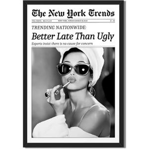 Framed Better Late Than Ugly Wall Decor Newspaper Audrey Hepburn Wall Art | Vintage Black and White Fashion Poster Chic New York Trends Glam Quote Canvas Print for Bedroom Bathroom Dorm 24x36inch