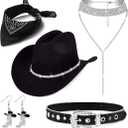 MEDOJO Cowboy Costume Outfit for Women Glitter Choker Necklace Cowboy Hat Buckle Belt Accessories Set for Halloween Cosplay Party