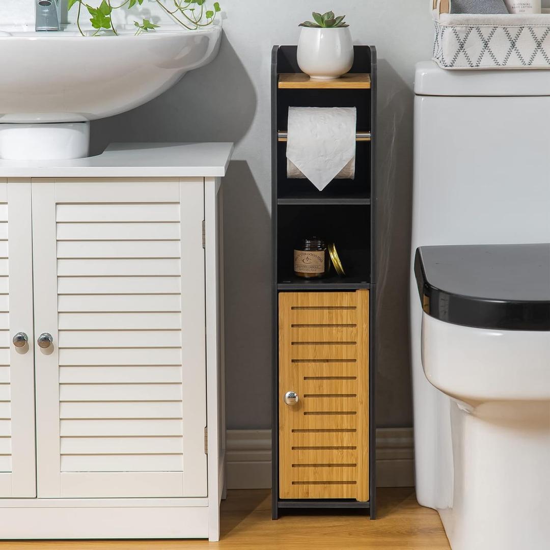 AOJEZOR Toilet Paper Holder Stand: Small Bathroom Storage Cabinet - Black - Bamboo (29.9 inch H)