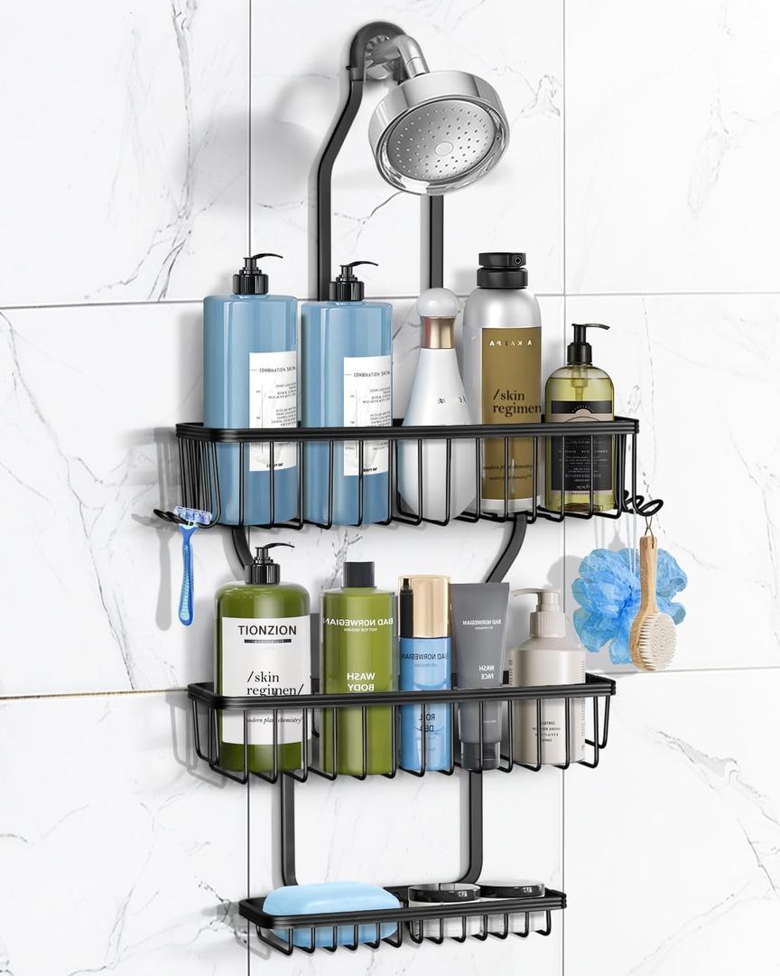 Shower Caddy Hanging - Never Rust Shower Hanging Organizer - Aluminum Over the ShowerHead Caddy with Soap Basket and 6 Hooks for Razor/Sponge (Black)