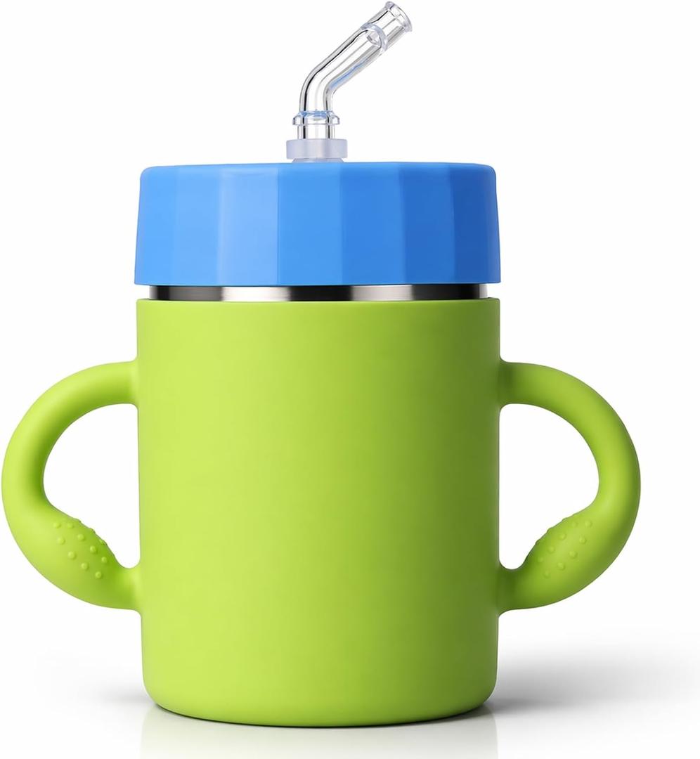 BUSOHA Kids Insulation Stainless Steel Tumbler - Kids Water Bottle with Handle Spill Proof Flexible Straw Sippy Cup Stainless Steel Training Cup for Picnic,Travel,12oz,Green