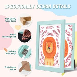 ABCHIOPQ 4 Pack Blue Kids Art Frame, 8.5x11 Front Opening Wood Kid Artwork Frames Changeable, Wallmounted or Standing Children Art Frame with Mat, Holds 150 Pcs, Drawing Display Storage Frames