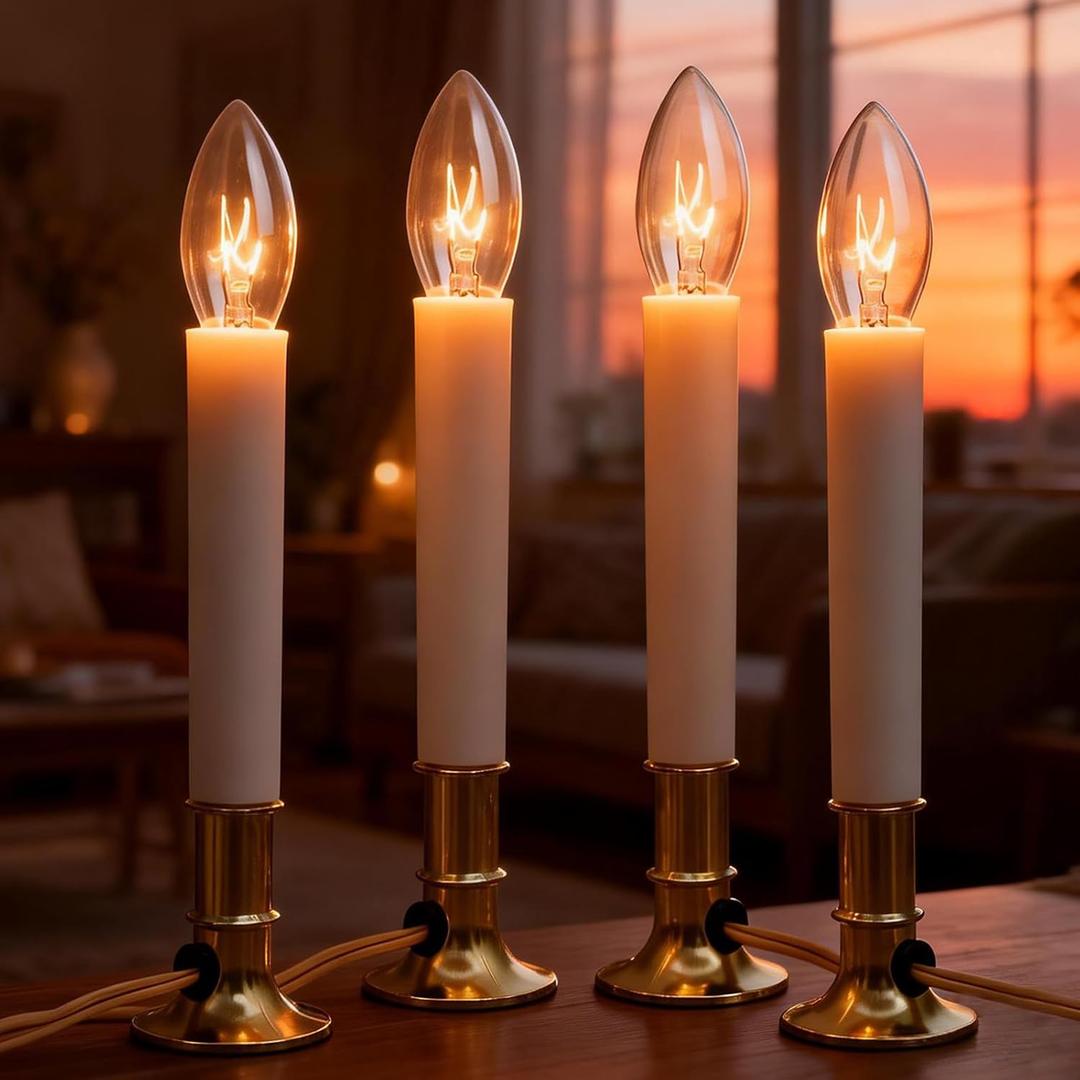 4 Pack Electric Christmas Window Candles Plug in, Flameless Electric Candle Lamp with C26 Clear Bulbs, 7W Warm White Window Sill Lights with Golden Base On/Off Switch for Holiday Wedding Table Decor