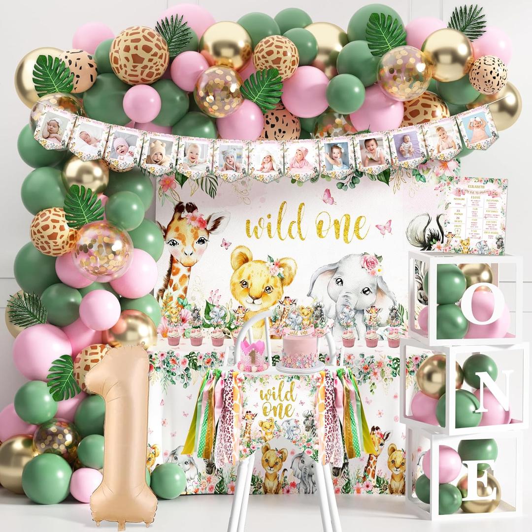 Wild One Birthday Decorations for Girls, 114 Pcs Safari Jungle Theme First Birthday Party Supplies with Backdrop, Tablecloth, Balloon Arch Kit, Photo Banner, One High Chair Banner and Cake Toppers (Pink)