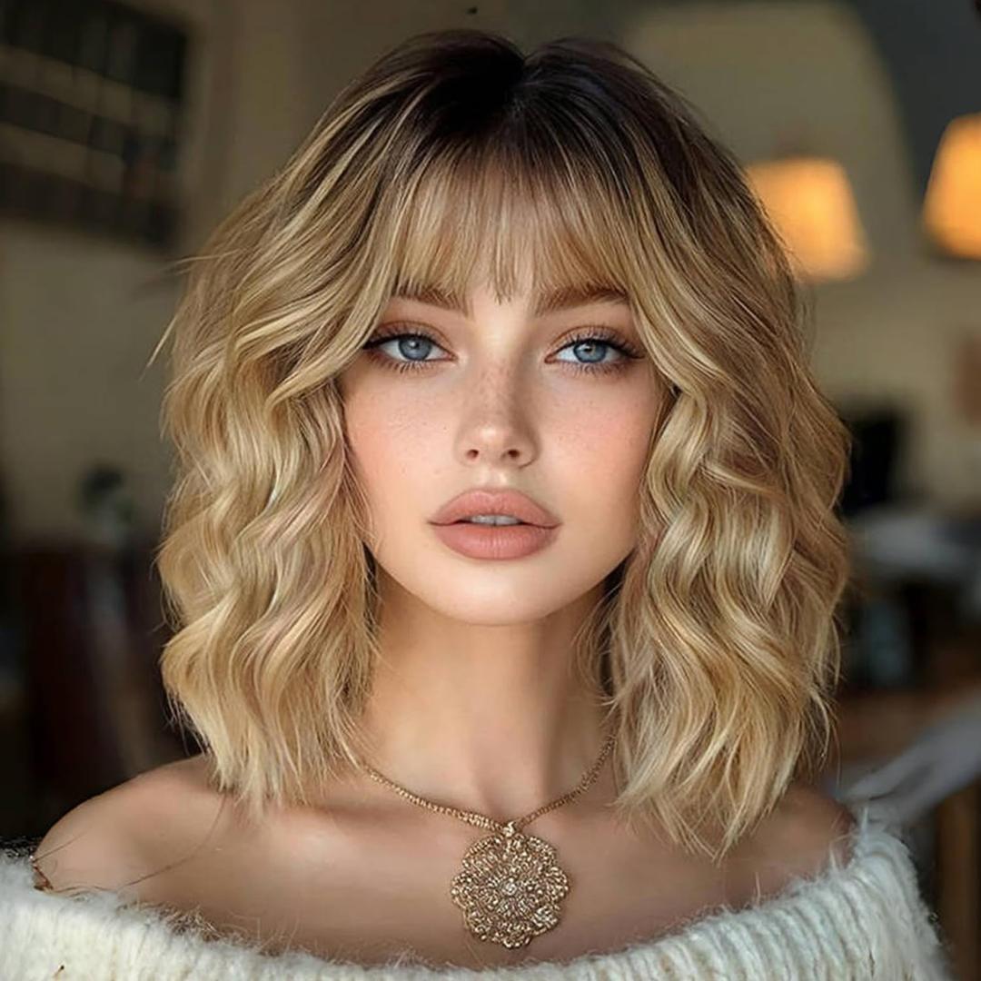 Ombre Blonde Wigs with Bangs Blond Wig for Women 14Inch Short Wavy Wigs Shoulder Length Hair for Girl Natural Looking Synthetic Heat Resistant Fiber Hair for Daily Party Halloween Use