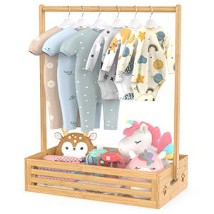 BAMBOOHOMIE Baby Clothing Rack for Toddler, Pets Clothes Rack with Storage Box & Adjustable Hanging Rod for Dogs/Cats, Baby Shower Clothes Closet Rack with Handle for Nursery Room (Natural, Baby)