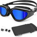 Swim Goggles, Tenfold Long-lasting Anti Fog Swimming Goggles for Adult Men Women, No Leakage with Nose Clip Earplugs (F/All Black/Blue Mirrored Lens)