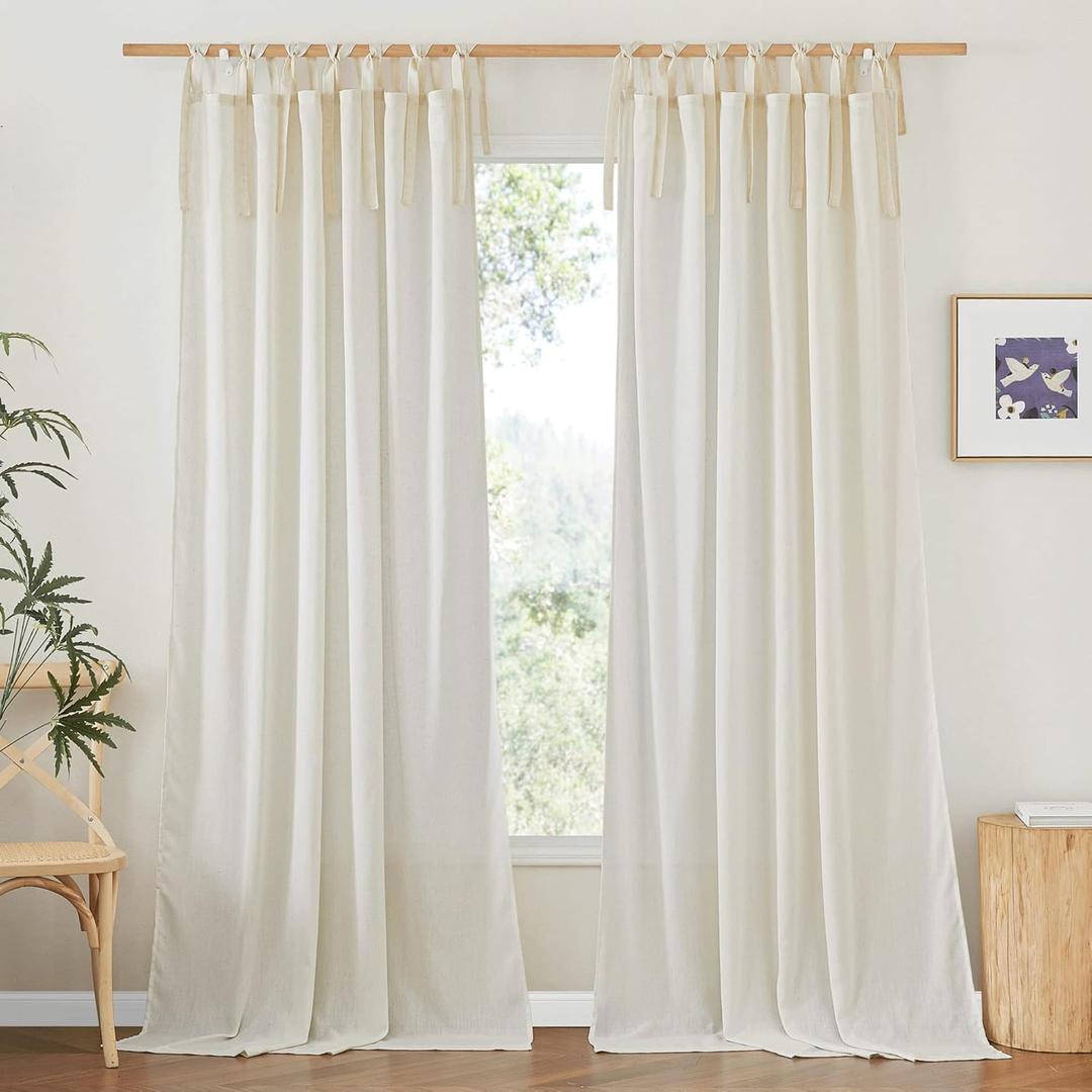 NICETOWN Thick Linen Curtains 96 inches Long for Bedroom, Adjustable Tie Top Off White Curtains & Drapes Privacy with Light Filtering for Girl Room/Living Room, W52 x L96, 2 Panels
