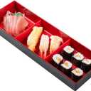 Restaurantware-14 x 4.6 x 2.4 Inch Compartment Lunch Container, 1 Japanese Style Adult Lunch Container - With 3 Compartments, Greaseproof, Black & Red Plastic Divided Meal Box, For Hot & Cold Food