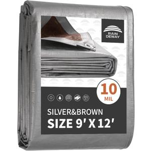 RAINDEWAY Tarps Heavy Duty Waterproof 9x12 Feet,10Mil Thick Multipurpose Poly Tarp Cover with Metal Grommets and Reinforced Edges,Silver/Brown Tarp