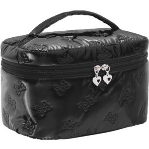 Large Cosmetic Bags Travel Makeup Bag with Mesh Pocket Portable Cute Toiletry Bag Aesthetic Make Up Organizer with Handle for Women (Black)