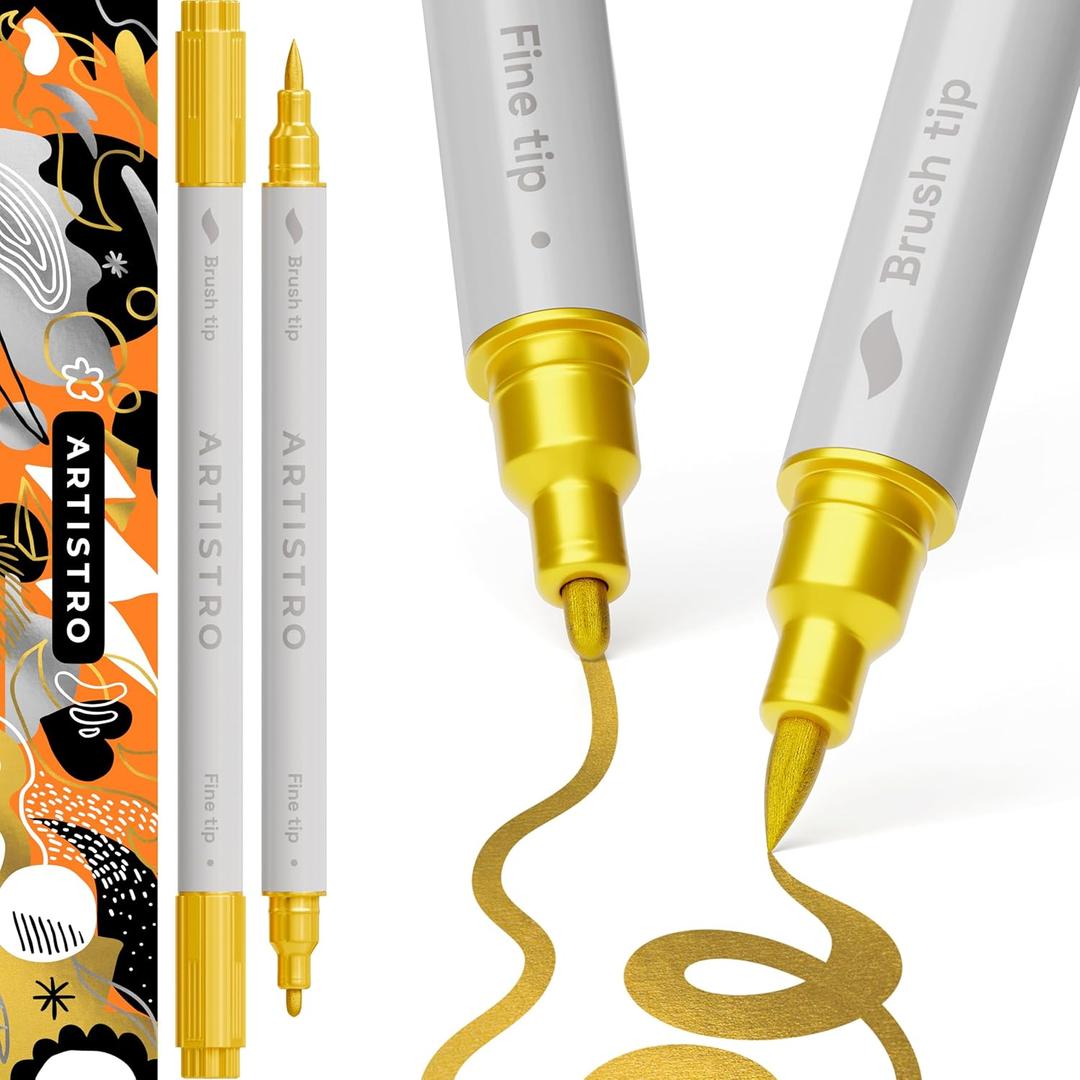 ARTISTRO 2 Gold Dual-Tip Acrylic Paint Pens - Multisurface Metallic Markers for Glass, Rock, Fabric, Wood, Plastic & More - 1 mm Fine & Brush Tips