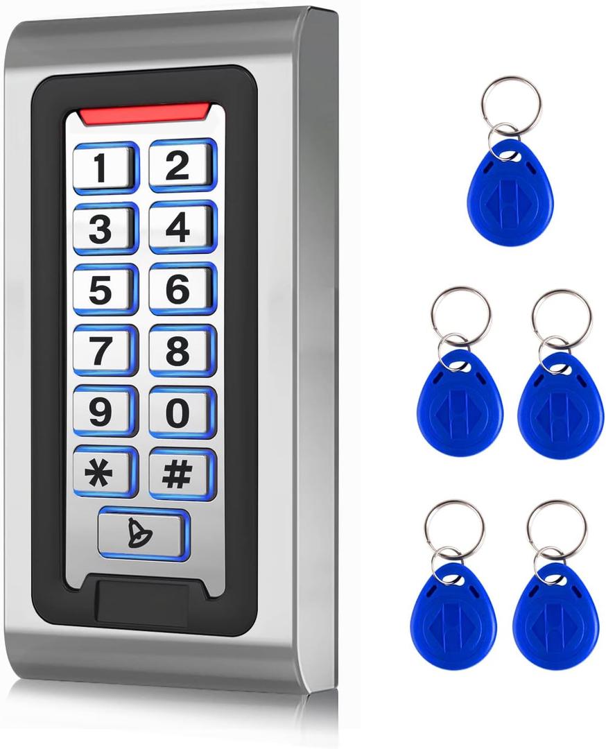 Door Access Control System Stand-Alone Password Keypad + 5PCS Proximity Keychains, Support 2000 Users Card Reader, Weatherproof, Backlight, Zinc Alloy Metal Case, for Garage Door, Gate Opener (K601ID)