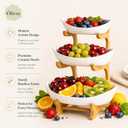 Fruit Bowl Stand 3-Tier, Bamboo Frame with White Porcelain Dishes, Elegant Countertop Organizer for Fruits, Vegetables, Bread, Snacks and Home Kitchen Display