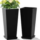 TUYOHW Set of 2 Large Tall Planter for Indoor or Outdoor 24" Flower Pots Tapered Tall Planters with Tray for Porch, Patio, Backyard, Large Planters for Outdoor Indoor Plants(Black) (Square Classic Black)