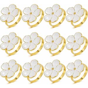 Napkin Rings Set of 12, White Frangipani Flower Napkin Holders with Gold Rings- Elegant Holiday Table Decor for Wedding, Christmas, Thanksgiving, Easter, Dinner Parties