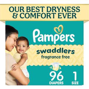 Pampers Swaddlers Diapers, Size 1 (8-14 lbs), 96 Count, Fragrance Free, Hypoallergenic, Absorbent, Pediatrician Recommended, Skin Safe